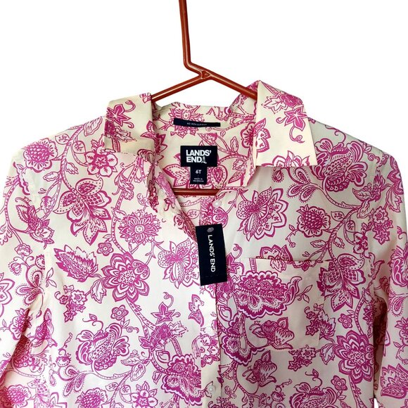 Lands End Womens No Iron Supima Shirt 6T Floral Print Pink & White Long Sleeve - Picture 7 of 10